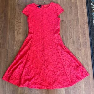 coral pink formal floral midi dress